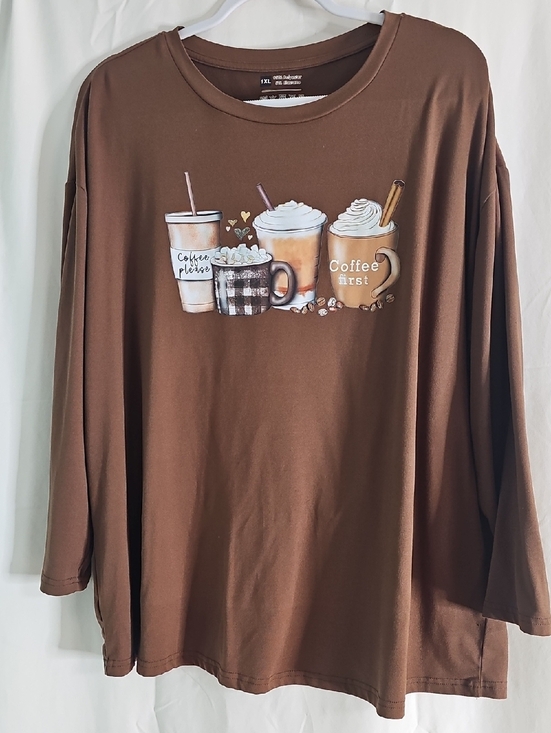 SHEIN Tops - SHEIN Brown Long Sleeve Coffee Graphic Tee